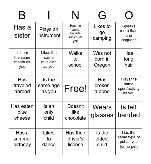 Class Bingo Card