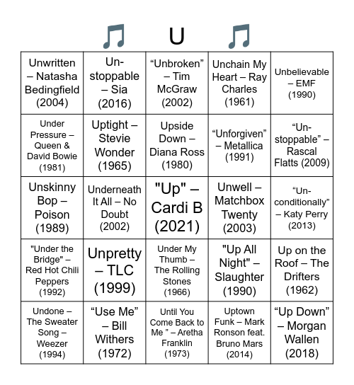 I see "U".  Songs that begin with the letter "U" Bingo Card
