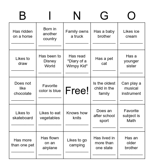 Classmate Bingo Card