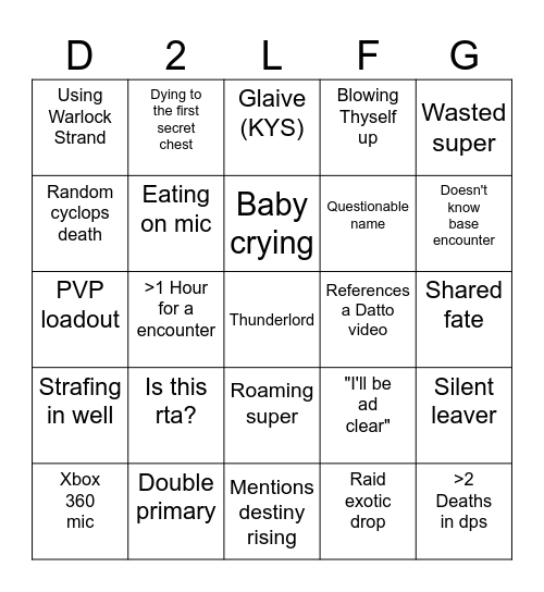 Destiny 2 LFG BINGO - GOS Edition Bingo Card