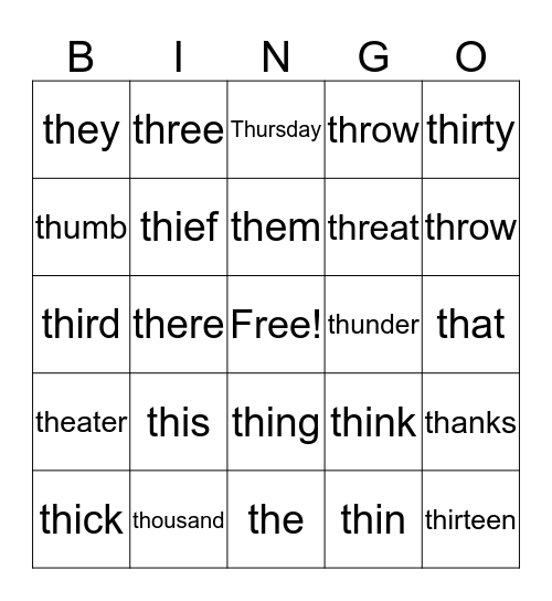 th  words Bingo Card