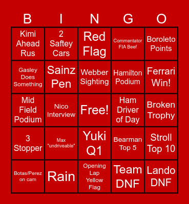 F1 Monza Bingo Card