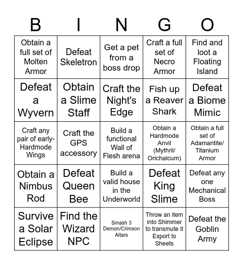 Terraria Moderate Diff Bingo Card