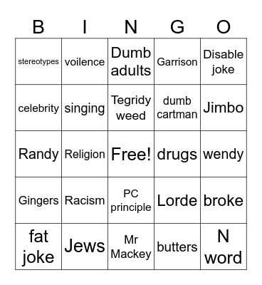 South Park Bingo Card