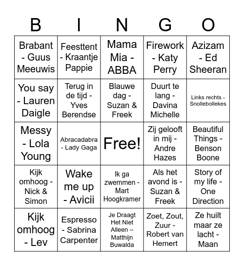 Muziek Bingo Card