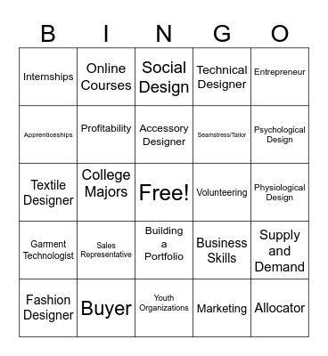 Unit 1 Careers in Fashion Bingo Card