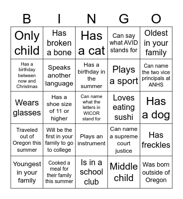 AVID Classmates BINGO Card