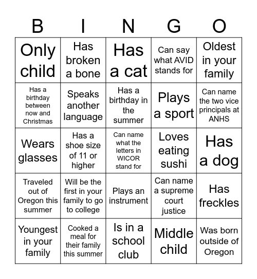 AVID Classmates BINGO Card