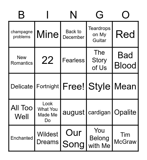 Taylor Swift Music BINGO Card