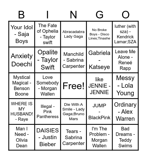 Hits of 2025 Bingo Card