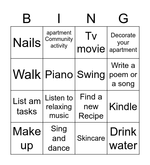 Self care Bingo Card