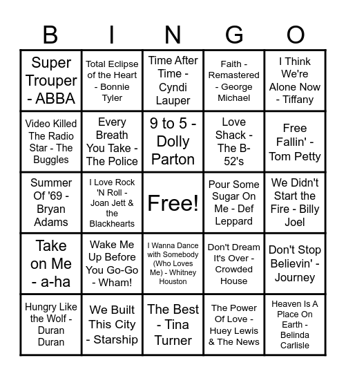 Songs of the 80's Bingo Card