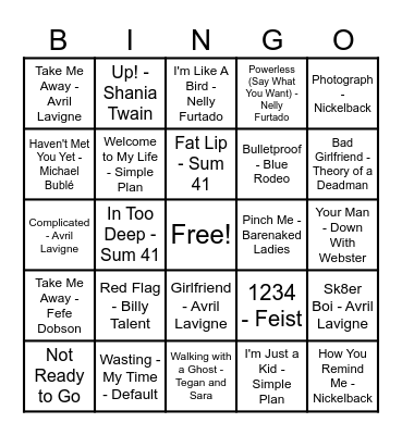 Canadian Music of the 2000 Bingo Card
