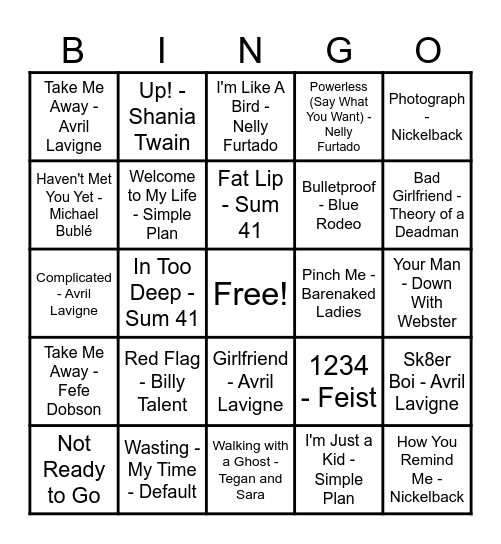 Canadian Music of the 2000 Bingo Card