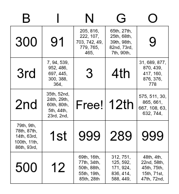 Numbers 1-1000, Cardinal Numbers Bingo Card