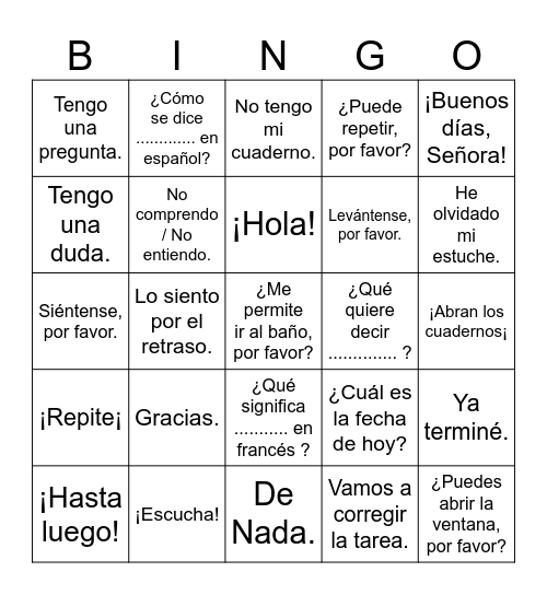 Frases de la clase de español Bingo Card