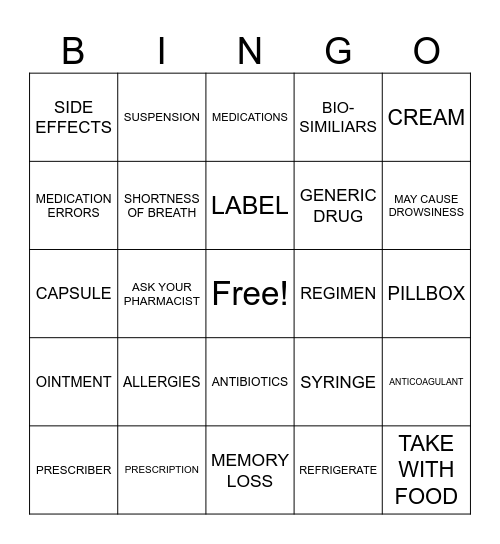 PHARMACY BINGO Card