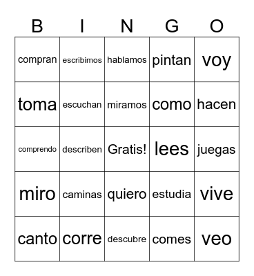 AR, ER, IR Spanish Verbs Bingo Card