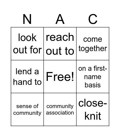 Neighbours and community (Let's Talk) Bingo Card
