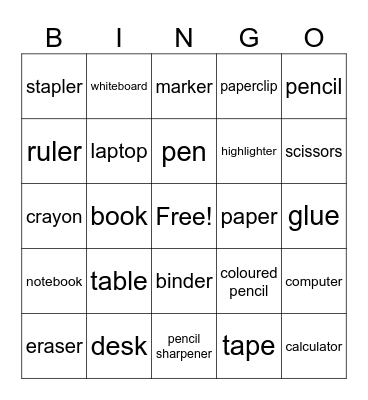 School supplies Bingo Card