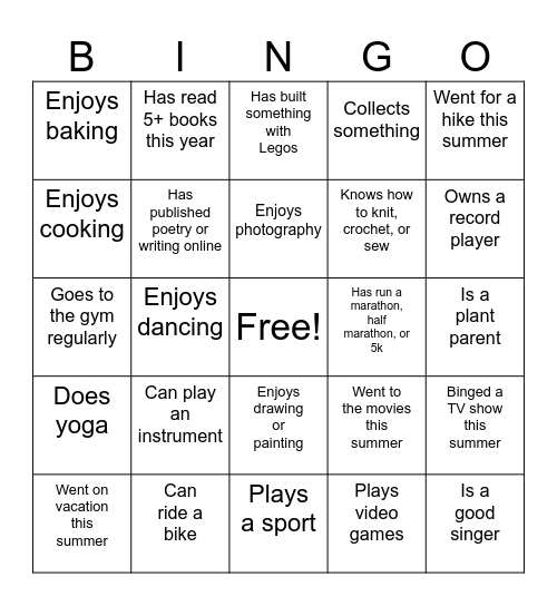 FY101 Human Bingo - Hobbies Edition! Bingo Card