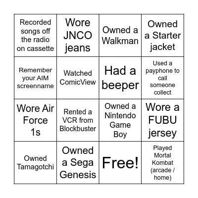 90's Bingo Card