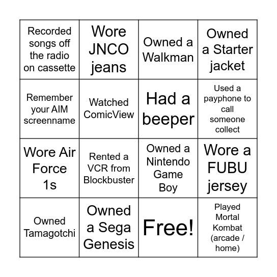 90's Bingo Card