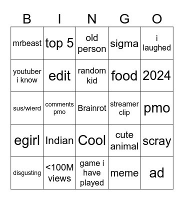 Yt Shorts Bingo Card