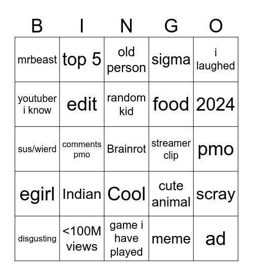 Yt Shorts Bingo Card