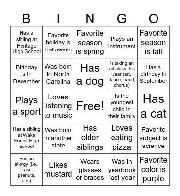Yearbook Get to Know You Bingo Card