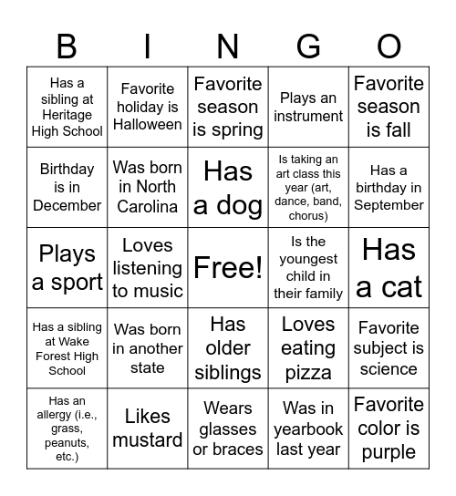 Yearbook Get to Know You Bingo Card