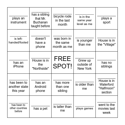 Buchanan's Waterford Name Bingo Card