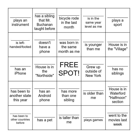 Buchanan's Waterford Name Bingo Card