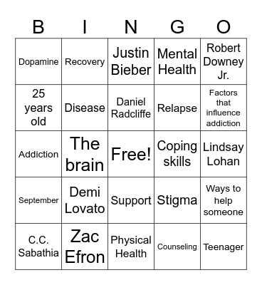 Recovery Month Bingo Card