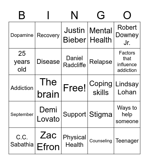 Recovery Month Bingo Card
