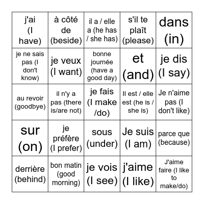 Common French Phrases Bingo Card