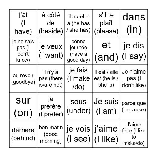 Common French Phrases Bingo Card