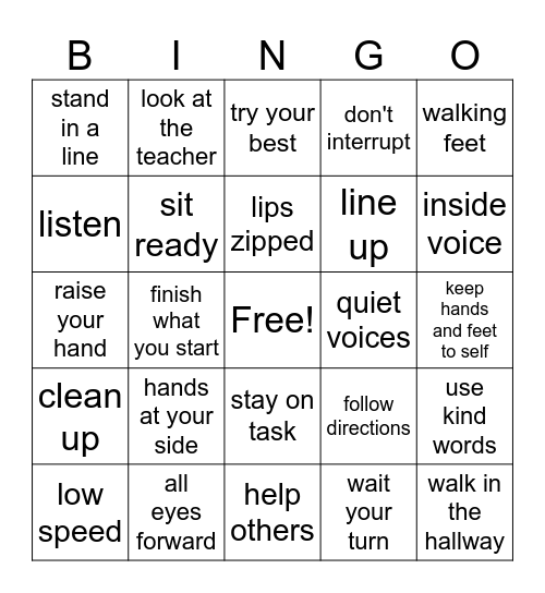 School Expectations Bingo Card