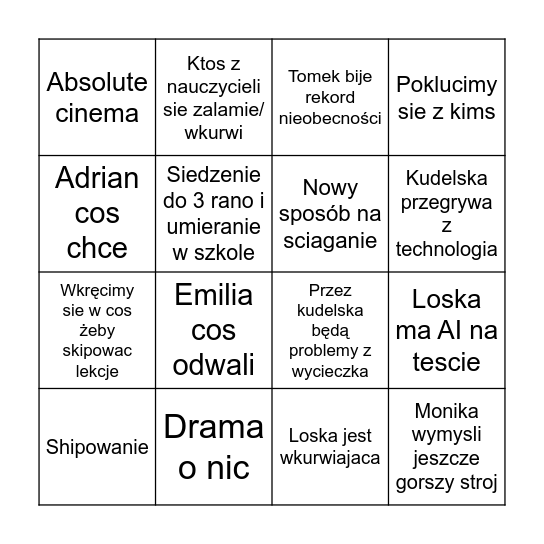 Szkola Bingo Card