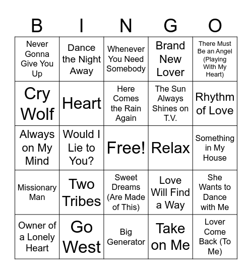 (G) 80'S HITS ROUND 2 Bingo Card