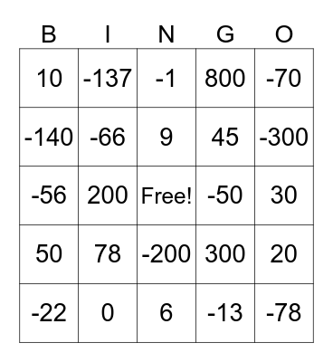 Integer Bingo Card