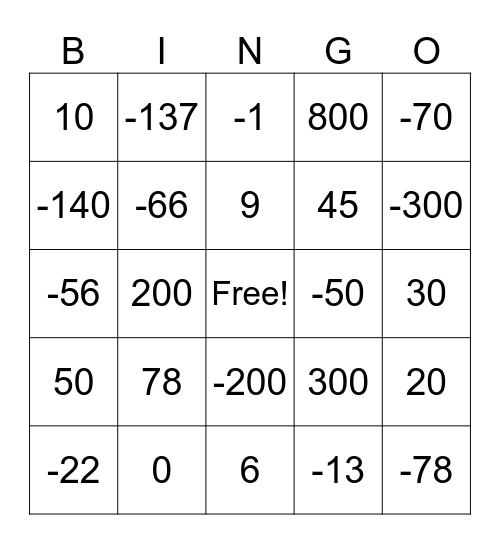Integer Bingo Card