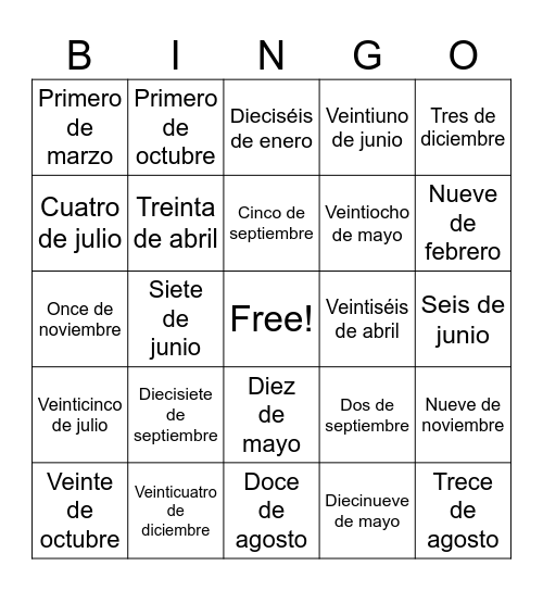 Las Fechas Bingo Card