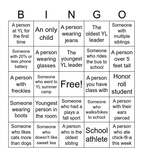 Younglife Bingo Card