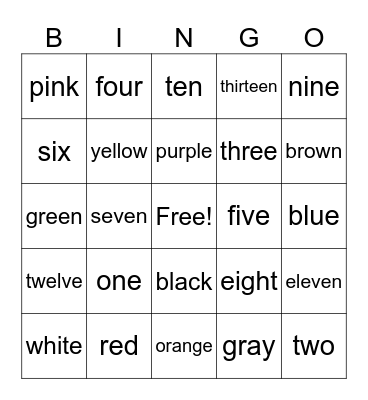Number and Color Words Bingo Card