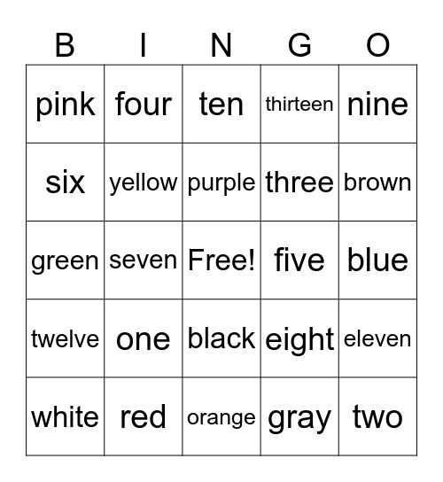 Number and Color Words Bingo Card