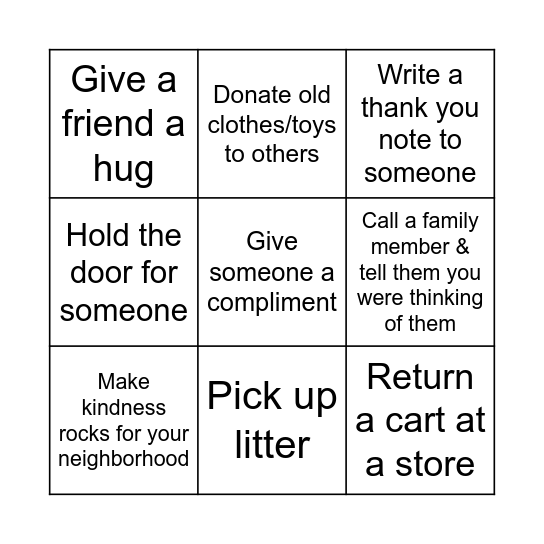Random Acts of Kindness Bingo Card