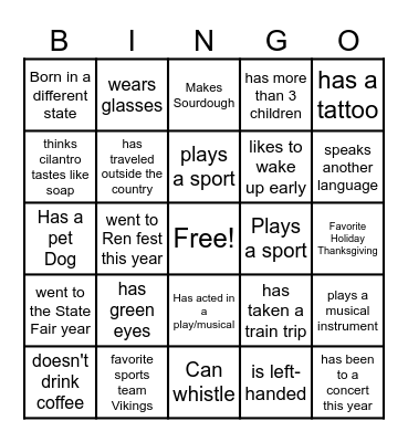 Get to Know you Bingo Card