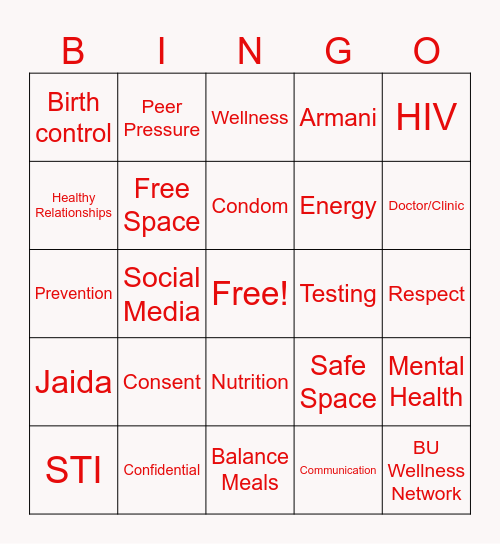 Sexual Health Wellness Bingo Card