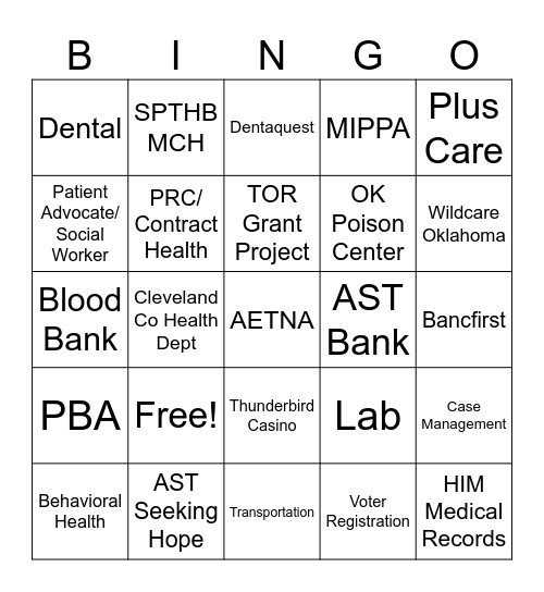 Health Fair BINGO Card